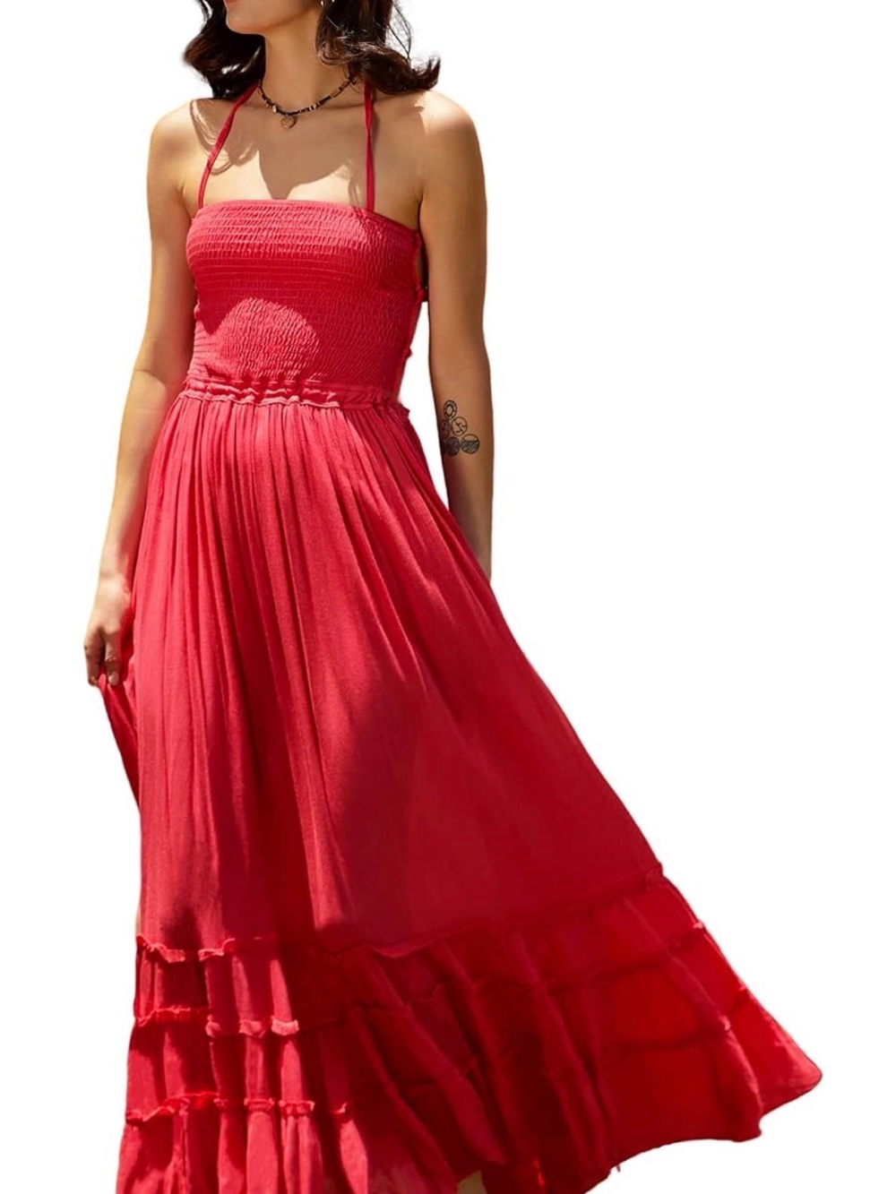 Red Smocked Halter Maxi Dress